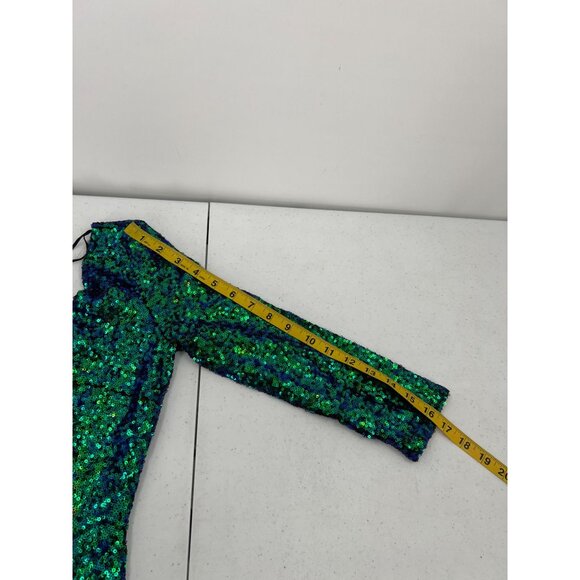 NWT AGACI S Sequin Mini Dress Green Blue Iridescent V-Neck Mermaid Bodycon - Picture 6 of 11